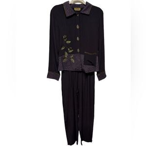 Vintage Dark Purple Matching Top and Bottom Set Stretch Waistband Green Leaves